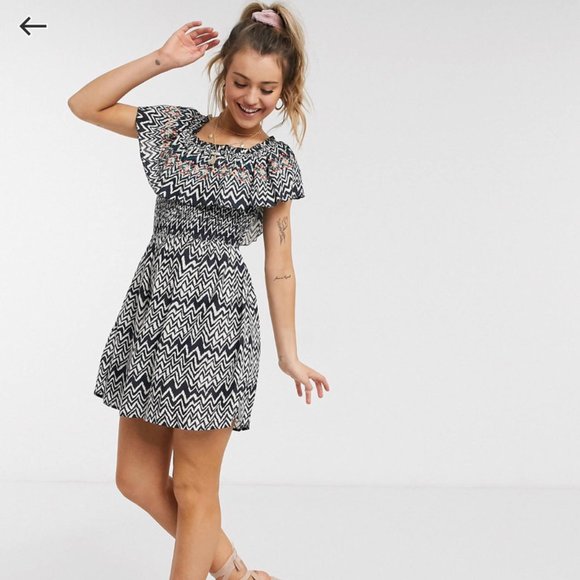 En Creme printed bardot mini dress US MED - Picture 1 of 9